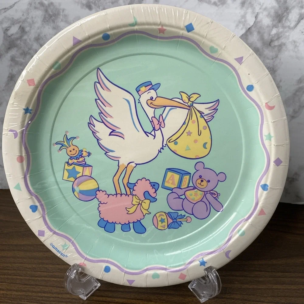 VTG 80/90s NIP AMSCAN Baby Shower Lot Plates, napkins, Tablecover Pastel Stork